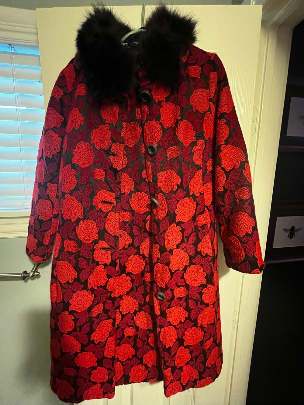 Melissa Red Floral Jacquard Trench Coat with Black authentic Fur Collar